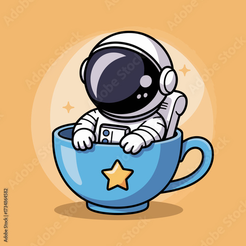 This delightful cartoon astronaut is sitting in a teacup, combining space adventure with playfulness, perfect for imaginative themes and whimsical designs for kids.