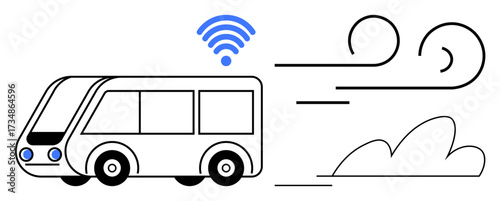 Autonomous bus emitting wireless signal amidst stylized wind and clouds for futuristic travel and technology. Ideal for transport, communication, smart city, sustainability, mobility, accessibility