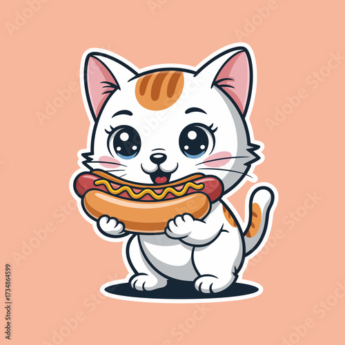 An adorable cat joyfully holding a hot dog, symbolizing a fun and whimsical food moment that captures the playful spirit of pets and their quirky behaviors.