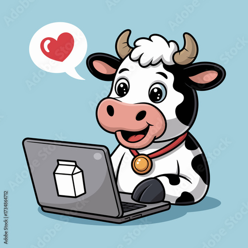 This delightful cow character engages joyfully with a laptop, showcasing a humorous and charming scene that reflects the fusion of technology and playfulness in a lighthearted manner.