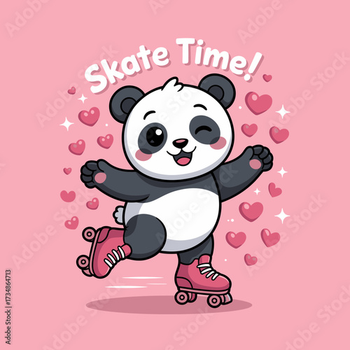 A cute illustration of a panda roller skating, surrounded by hearts, showcasing a fun, playful vibe and the joy of activity, perfect for children's themes.