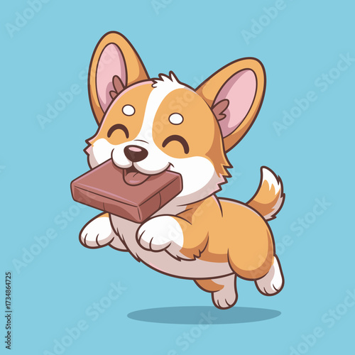 This lively corgi, joyfully leaping with a chocolate bar, perfectly embodies playfulness and happiness, making this cartoon image a delightful visual treat for dog lovers.
