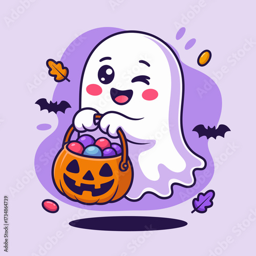 A charming cartoon ghost winking happily while holding a pumpkin basket filled with colorful candies and surrounded by playful Halloween elements like bats and leaves.