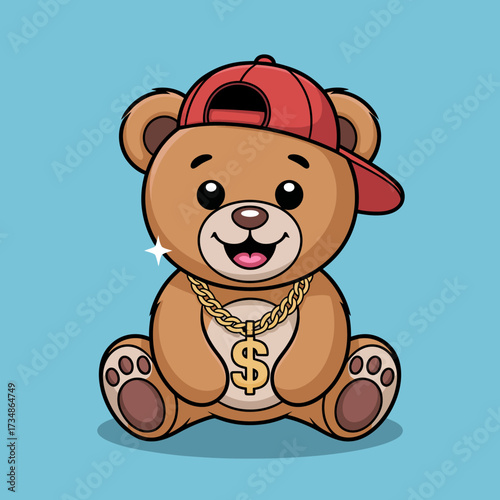 This cute cartoon bear wears a cap and gold chain, exuding charm and friendliness, making it a joyful representation of playfulness and camaraderie in animated art.