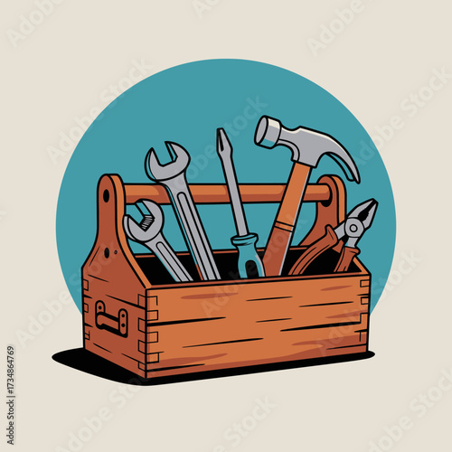 A well-organized wooden tool box showcases essential tools like a hammer, wrenches, and pliers, symbolizing craftsmanship and DIY home projects for enthusiasts.