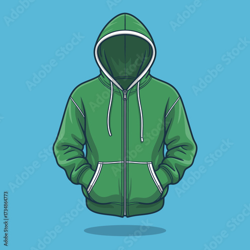 This minimalistic green hoodie design showcases comfort and style, featuring a hood and pockets, representing casual fashion and everyday wear in a vibrant and youthful manner.