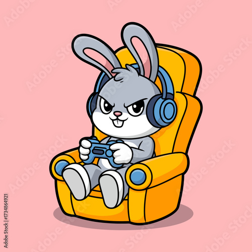 An intense bunny with headphones sits in a comfy chair, focused on video gaming, capturing the essence of modern leisure time and competitive spirit in a lighthearted way.