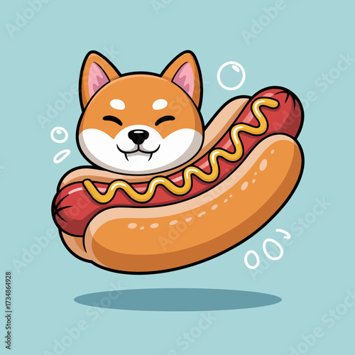 This playful image features a Shiba Inu dog smiling joyfully, playfully interacting with a whimsical hot dog character, combining fun and happiness in a deliciously cute illustration.