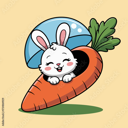 An adorable illustration of a happy bunny peeking out from a carrot, capturing the essence of cuteness and playfulness, making it ideal for children's projects or spring themes.