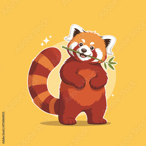 An adorable red panda holding a piece of bamboo, showcasing its playful and lovable nature, perfect for conveying joy, innocence, and cuteness in any design project.
