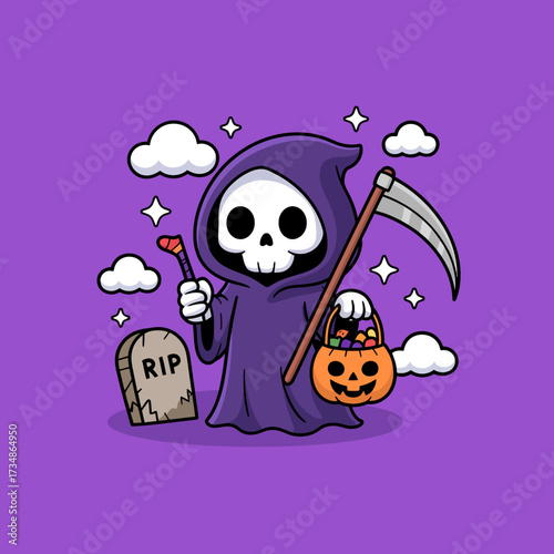This playful grim reaper illustration, complete with a spooky basket of treats, combines humor and the Halloween spirit, appealing to those who embrace fun in the season's festivities.
