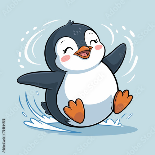 A cute penguin sliding joyfully across the ice, with a big smile and lively spirit, capturing the playful essence of life in the cold, vibrant world of the Arctic.
