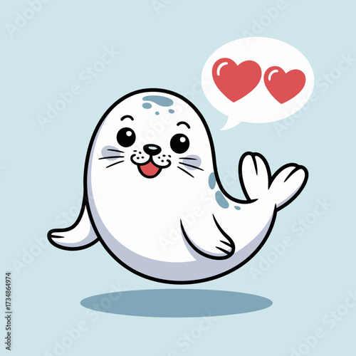 This cute seal character is joyfully floating and expressing love with heart symbols in a speech bubble, capturing a playful and cheerful vibe perfect for kids.