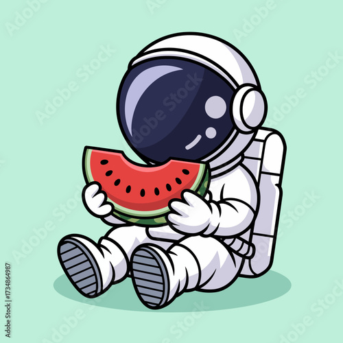 This cute astronaut smiles while munching on a slice of watermelon, merging the joy of exploration and everyday delights in a whimsical take on outer space adventures.