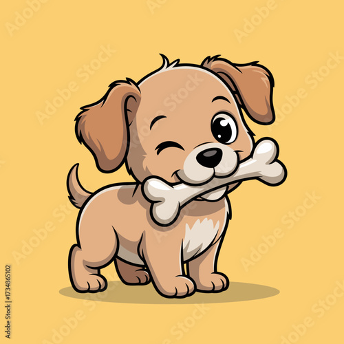 An adorable cartoon puppy winking while playfully holding a bone, radiating warmth and charm, making it an excellent choice for pet-themed projects and products.