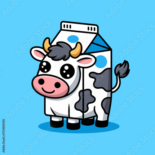 This charming illustration presents a happy cow designed as a milk carton, combining cuteness with a playful concept related to dairy products and farm life.