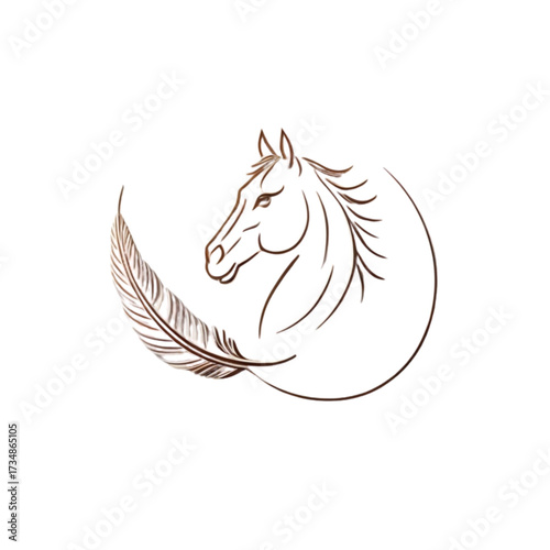 Minimalist and elegant logo, combining a delicate feather and a stylized horse head in visual harmony