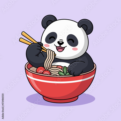 An adorable panda happily eating noodles from a red bowl, symbolizing a cozy dining experience and the joy of food in a charming and inviting manner.