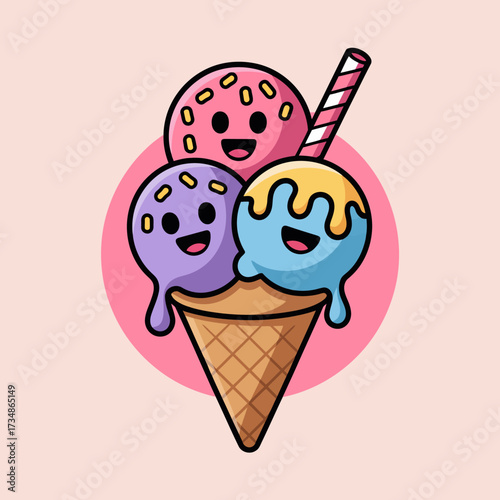 An illustrated ice cream cone featuring three cheerful scoops with smiling faces, exuding happiness, fun, and the joy of enjoying a delicious treat.
