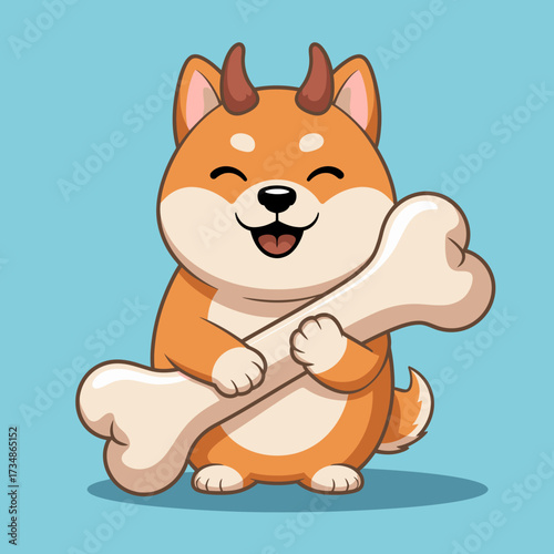 This lively illustration of a Shiba Inu happily holding a bone showcases the playful spirit of pets and the joy they bring to our lives, illustrating happiness and contentment.