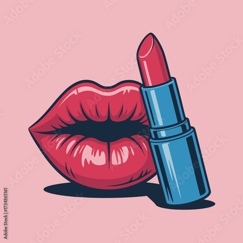The image showcases striking red lips next to a stylish lipstick tube, emphasizing beauty and glamour, perfect for cosmetic advertising and fashion themes.