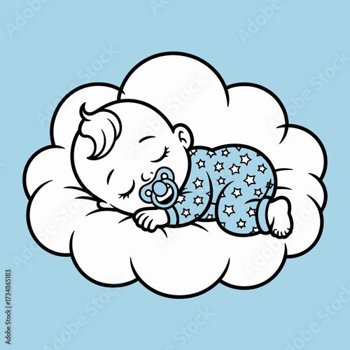 A peaceful baby, nestled comfortably on a fluffy cloud, radiates tranquility and innocence, capturing a serene moment that evokes warmth and tenderness.
