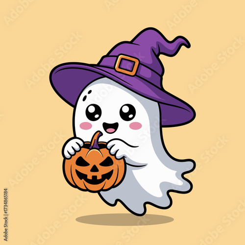 This delightful illustration features a cheerful ghost wearing a witch's hat, holding a pumpkin, perfectly embodying the charming and playful spirit of Halloween.