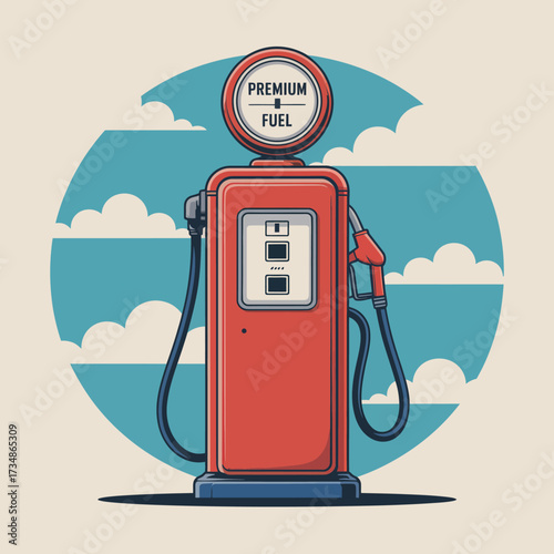 A vintage-style fuel pump stands tall with a classic design, evoking nostalgia and representing the automotive history and fuel culture in a vibrant manner.