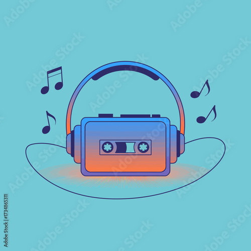 This vibrant illustration features a retro cassette tape paired with modern headphones, symbolizing the timeless joy of music across generations in a bright color palette.