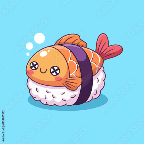A whimsical sushi fish character with a smiling face is beautifully designed to appeal to food lovers, combining cuteness with culinary delight in a fun, playful way.
