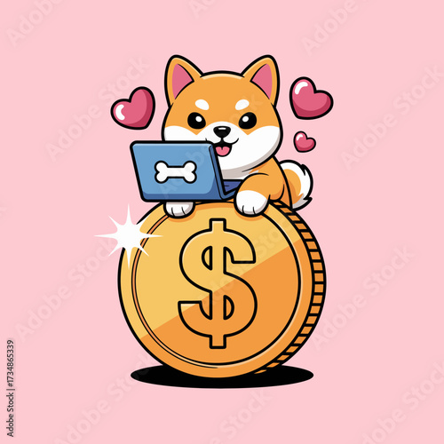 This cute illustration captures a Shiba Inu happily interacting with a laptop while sitting on a shiny coin, symbolizing wealth and enthusiasm for technology and pets.
