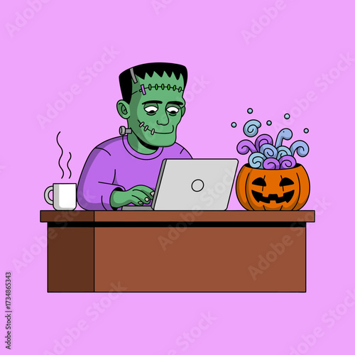 This quirky illustration depicts Frankenstein characterically working on a laptop at a desk, blending classic horror themes with modern technology in a playful and humorous way.