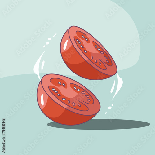 A visually appealing image of two sliced tomatoes with a floating effect, reflecting freshness and culinary delight, perfect for food enthusiasts and cooking themes.