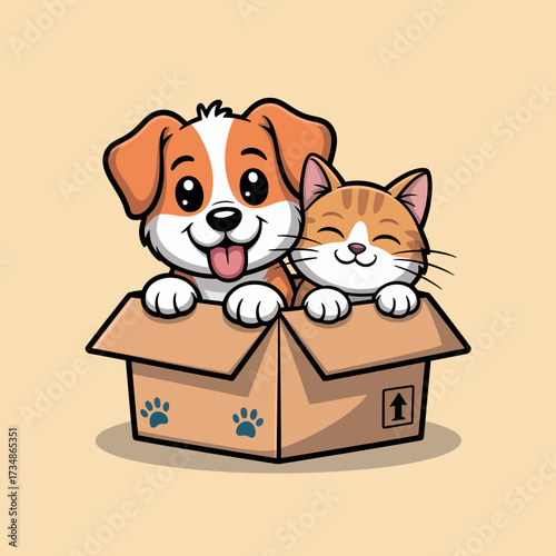 A joyful puppy and a relaxed kitten peek out from a cardboard box, showcasing their playful bond and companionship in a whimsical and adorable setting.