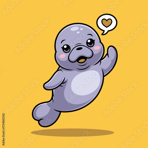 This cheerful manatee is joyfully waving with a heart symbol, capturing the essence of friendship and affection in a playful and whimsical illustration style for all ages.
