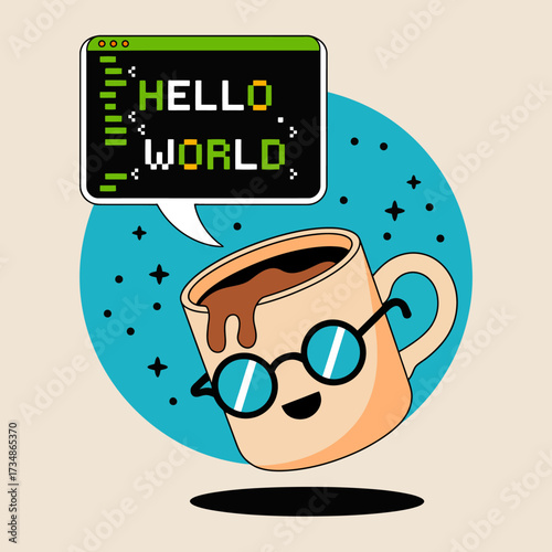 A cheerful coffee mug wearing glasses, greeting the code world with 'Hello, World!' surrounded by stars, embodying the joy of programming and creativity.
