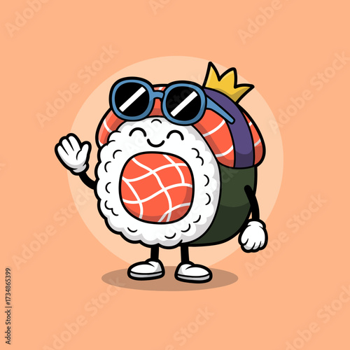 This adorable sushi character, wearing stylish sunglasses and a crown, exudes charm and playfulness, making it a fun representation of food and character art.