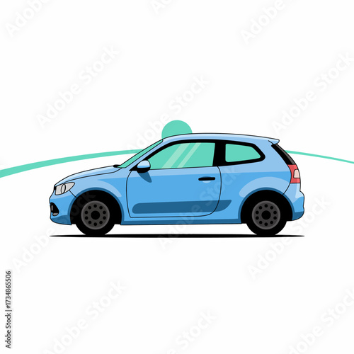 A sleek blue car is illustrated in a vibrant style, representing modernity and speed, capturing the essence of contemporary automotive design in an artistic format.