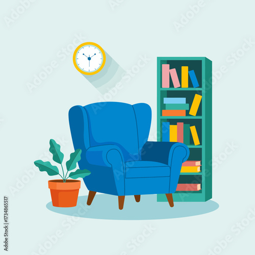 A vibrant blue armchair next to a colorful bookshelf and a potted plant, creating a cozy and inviting reading nook ideal for relaxation and inspiration.