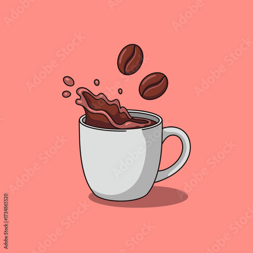A vibrant image depicting a coffee cup with delicious liquid splashing out, accompanied by floating coffee beans that capture the essence of a lively coffee moment.