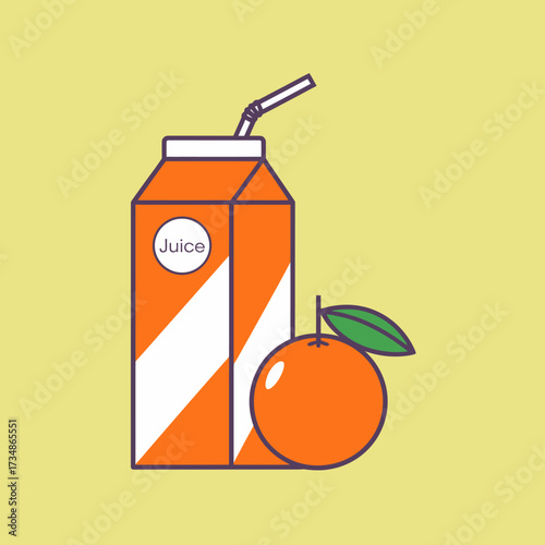 This vibrant illustration showcases a classic orange juice carton next to a ripe orange, representing refreshment, nutrition, and the joy of a healthy lifestyle.