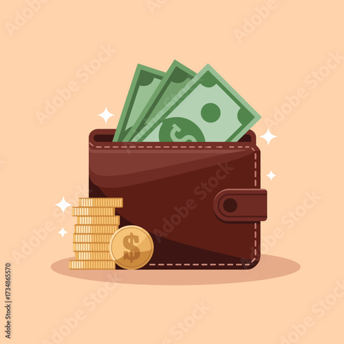 This vibrant illustration of a wallet brimming with cash and coins conveys the themes of wealth, financial management, and the joy of budgeting visually and artistically.