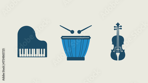 Set of musical instrument icons including piano drums and violin simple flat vector design element isolated on white background