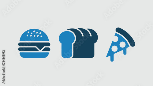 Burger bread and pizza slice icons in blue simple flat vector illustration perfect for menu design and food-related apps