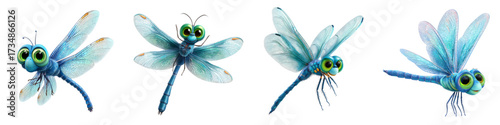 Adorable cartoon dragonflies flying cheerfully, perfect for children's books, educational materials, and playful designs, bringing joy and whimsy to any project