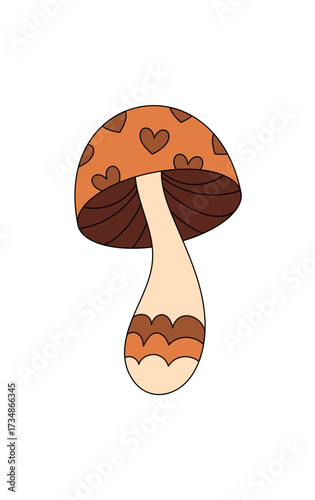 Groovy cartoon retro mushroom with heart pattern sticker. Magic shroom sticker and playful brown shape as funky psychedelic art. retro and groovy element for vintage decor accent, pop style for boho