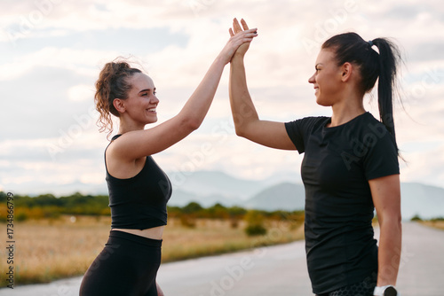 Photos Morning Success Friends Shake Hands After Successful Run.