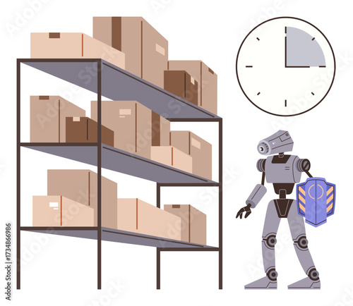 Robot near tall shelves stacked with boxes, clock indicating time management. Ideal for automation, logistics, efficiency, inventory, supply chain, robotics futuristic solutions. Simple flat