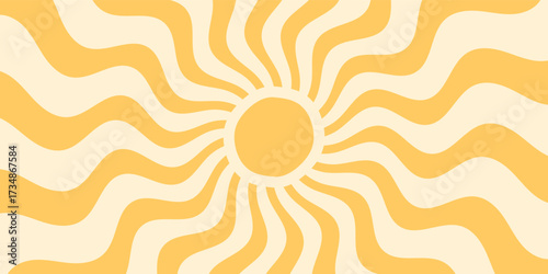 Groovy retro sun burst with wavy yellow and orange burst forms the vibrant sunshine on this background. sun and y2k style merge as trendy horizontal wallpaper in a classic colorful concept.