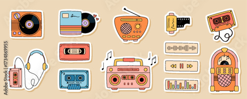 Groovy retro music party sticker set in cartoon graphic style. Y2K cassette, radio, record, boombox, jukebox and headphones create a fun vintage collection with cool groovy element for pop set.